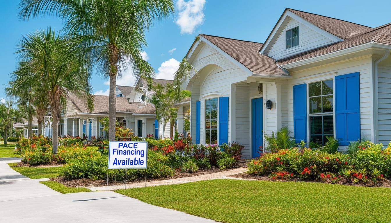 Florida home with "pacing financing available" yard on front lawn