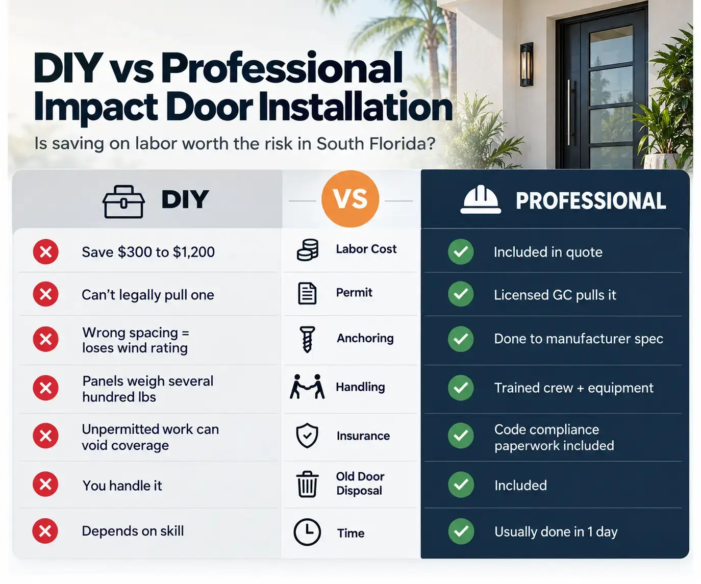 USA Home Improvement infographic comparing DIY and professional impact door installation
