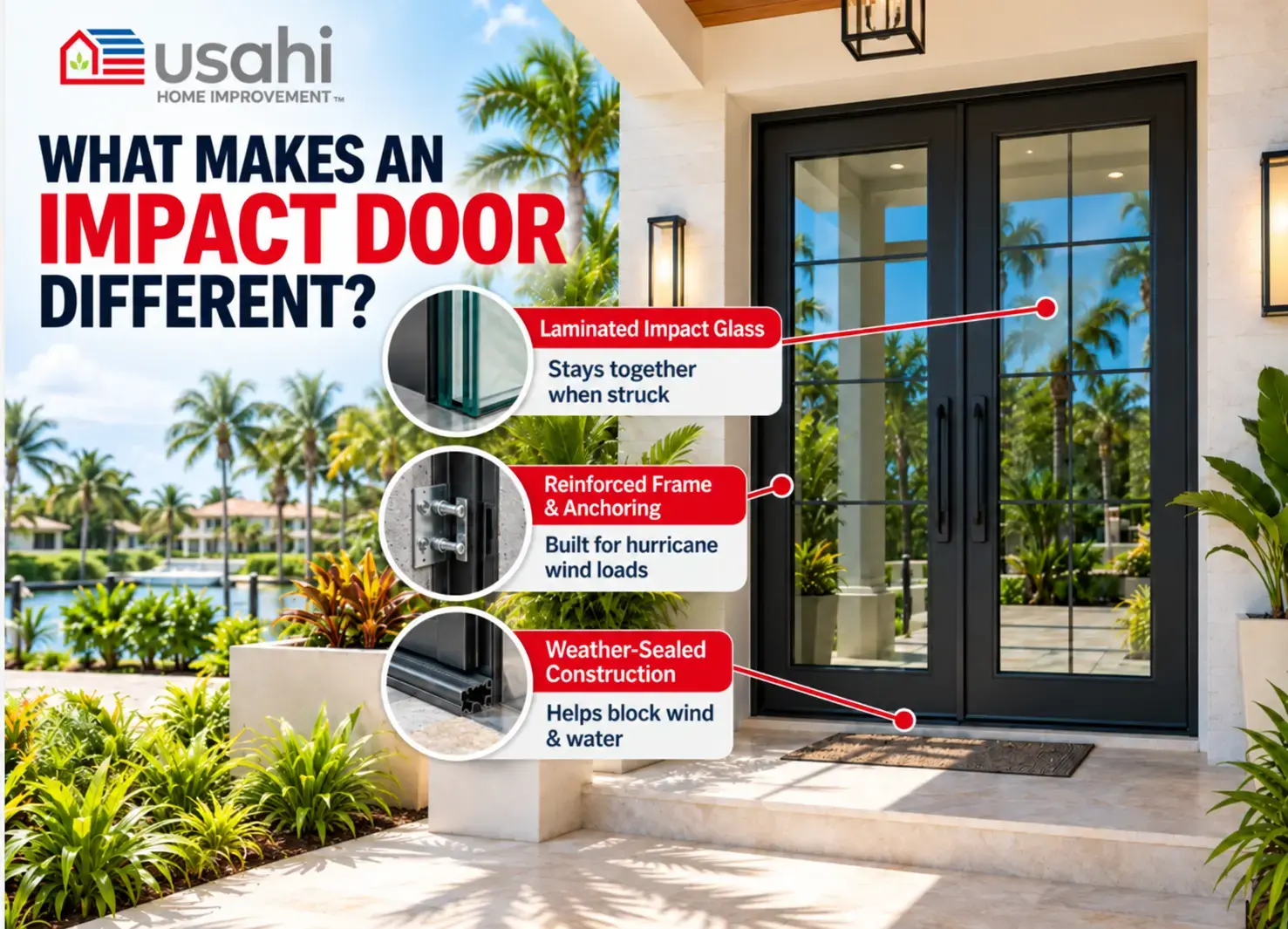 USA Home Improvement infographic: what makes an impact door different (laminated glass, reinforced frame, weather-sealed construction)