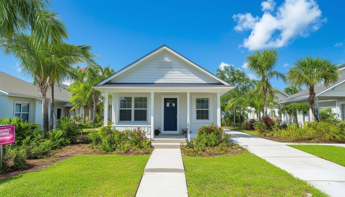 The image depicts a serene Florida neighborhood bathed in sunlight, showcasing a variety of homes with vibrant landscaping