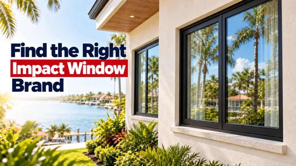 Black-framed impact windows installed in a Florida home, with text reading ‘Find the Right Impact Window Brand.’