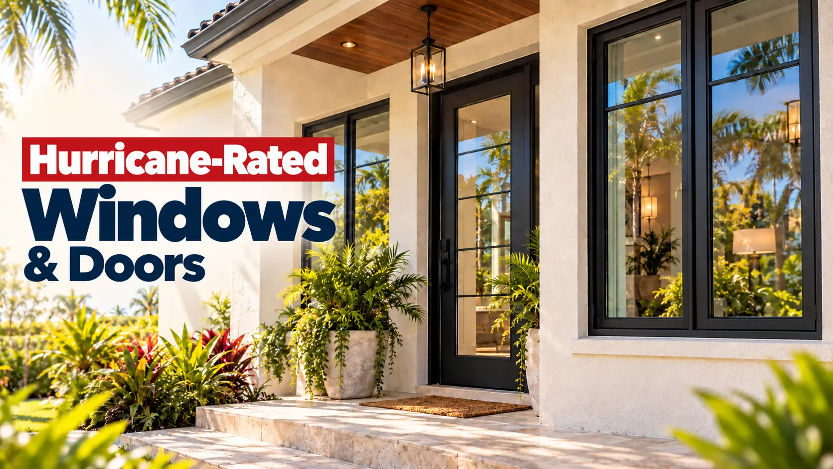 Modern Florida home with black-framed windows and a glass front door, with text reading “Hurricane-Rated Windows & Doors.