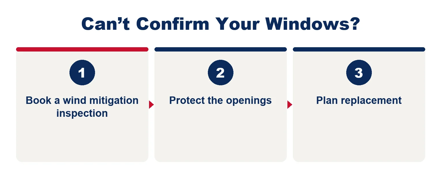 Three steps if you cannot confirm your windows are impact rated: book a wind mitigation inspection, protect the openings, plan replacement