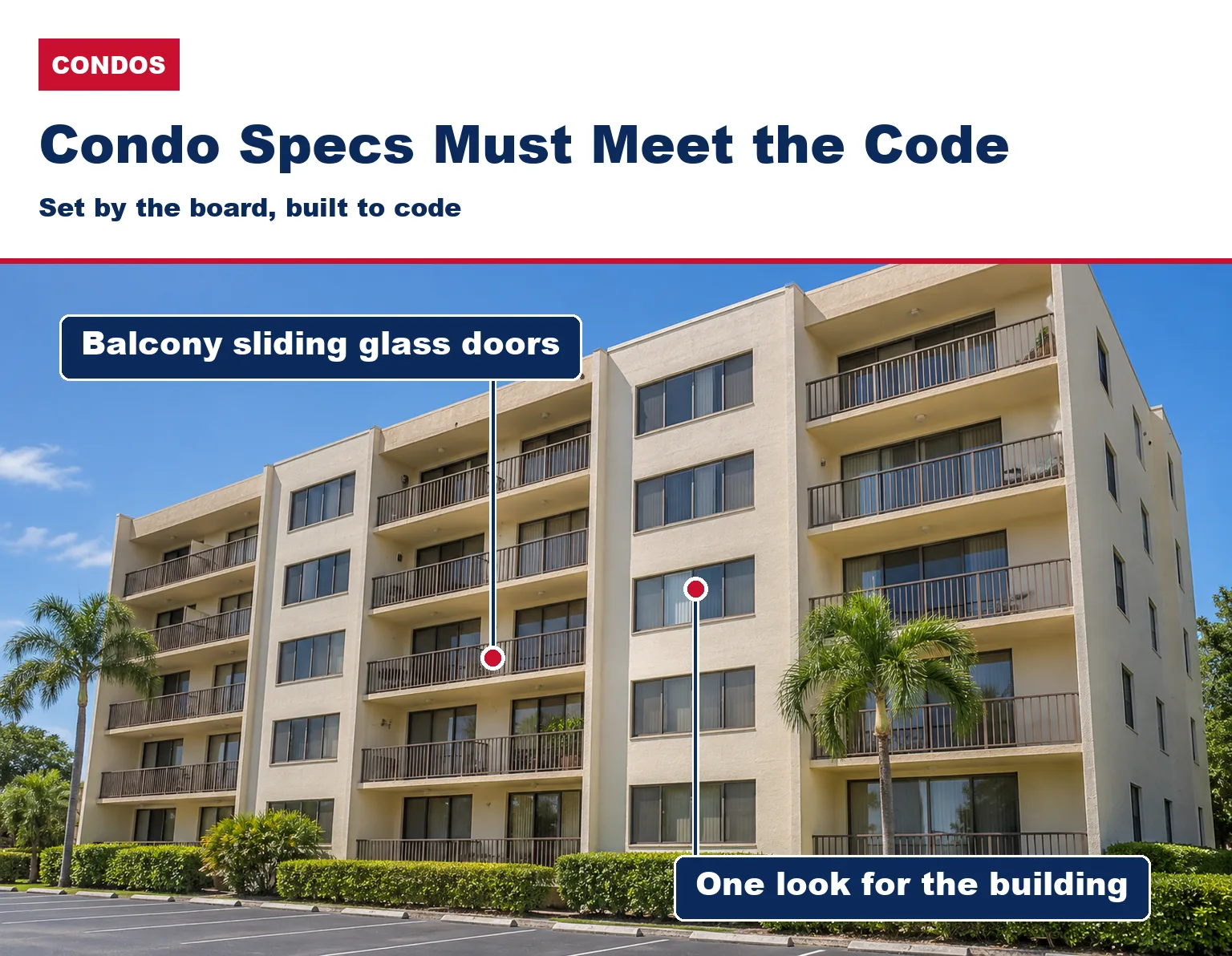 Mid-rise South Florida condo building with balcony sliding glass doors and matching window frames in even rows.