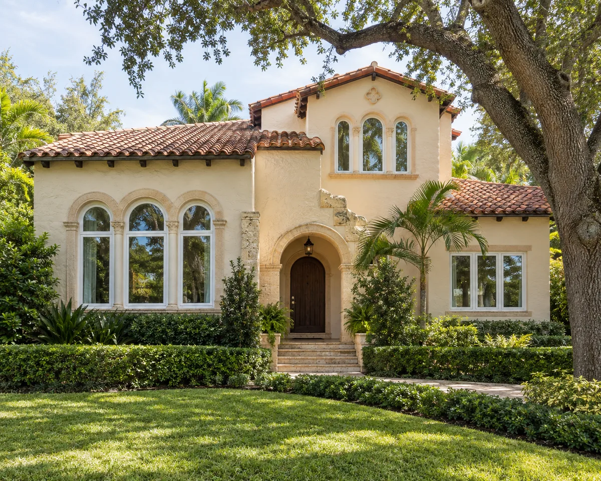 Home with white impact windows in Coral Gables, Florida