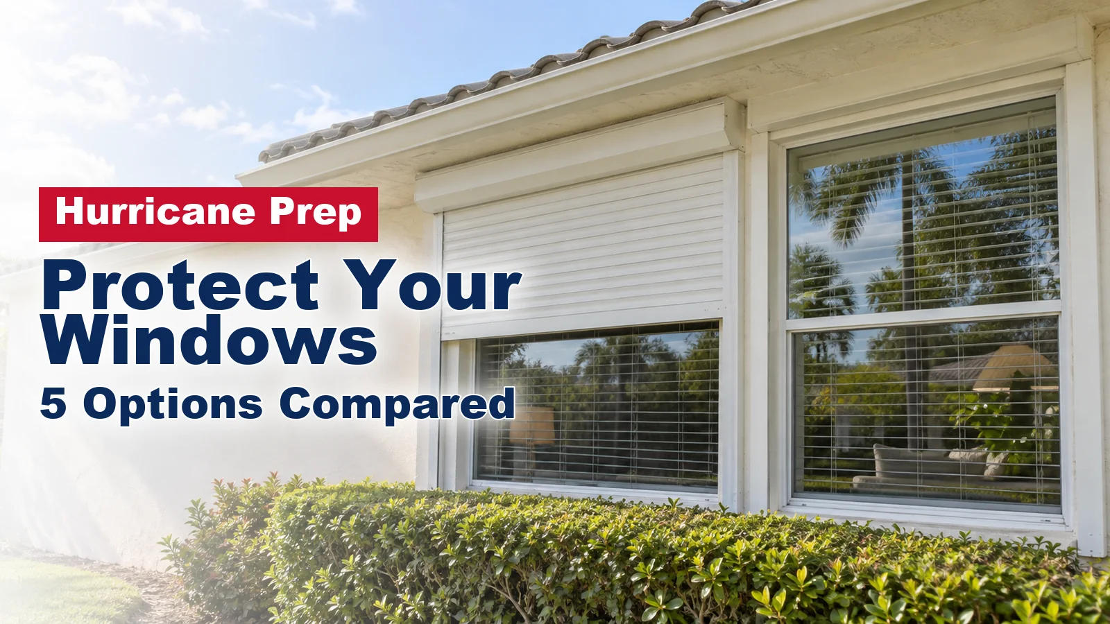 South Florida stucco home with a roll-down hurricane shutter half lowered over one window beside a clear window