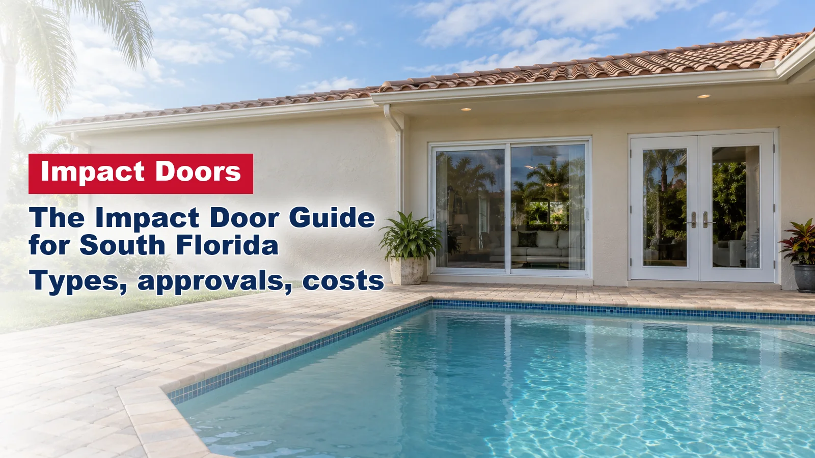 Back patio of a South Florida stucco home with an impact sliding glass door and French doors by the pool