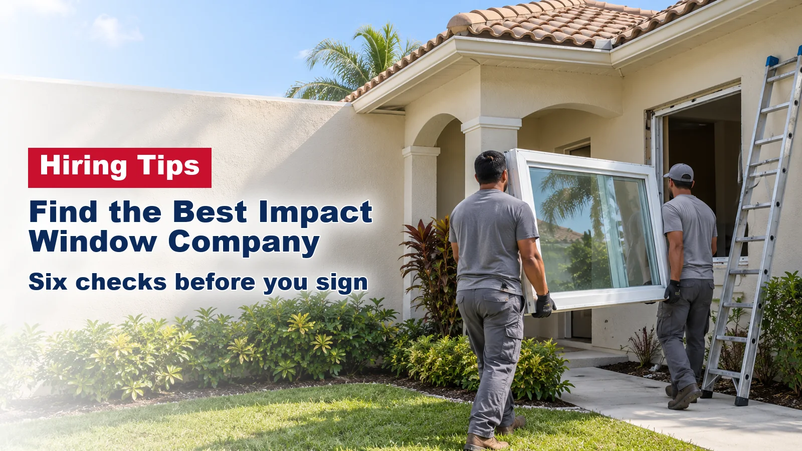Two installers carrying a new impact window to a South Florida stucco home