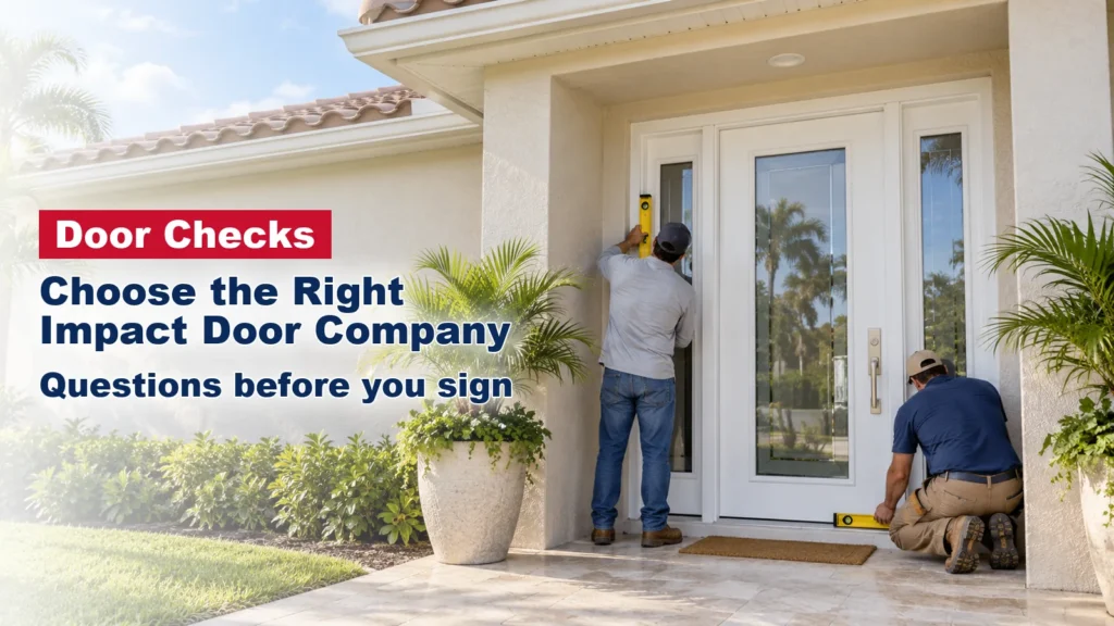 Two installers checking a new impact entry door with sidelites on a South Florida stucco home
