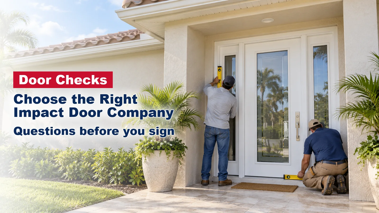 Two installers checking a new impact entry door with sidelites on a South Florida stucco home