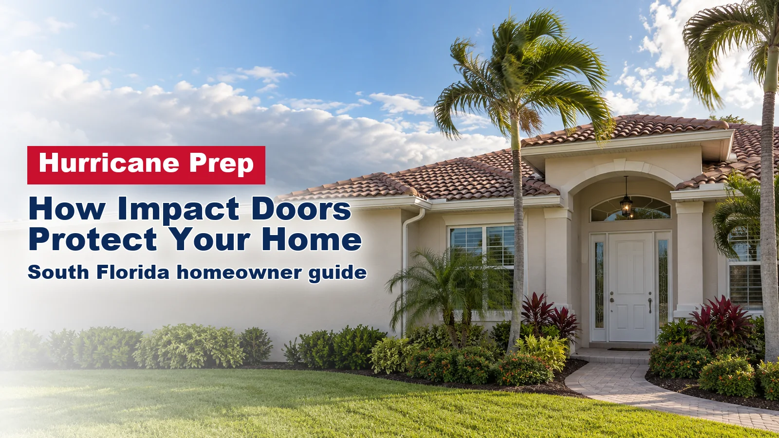 South Florida stucco home with a front entry door and palm trees as clouds build in the distance