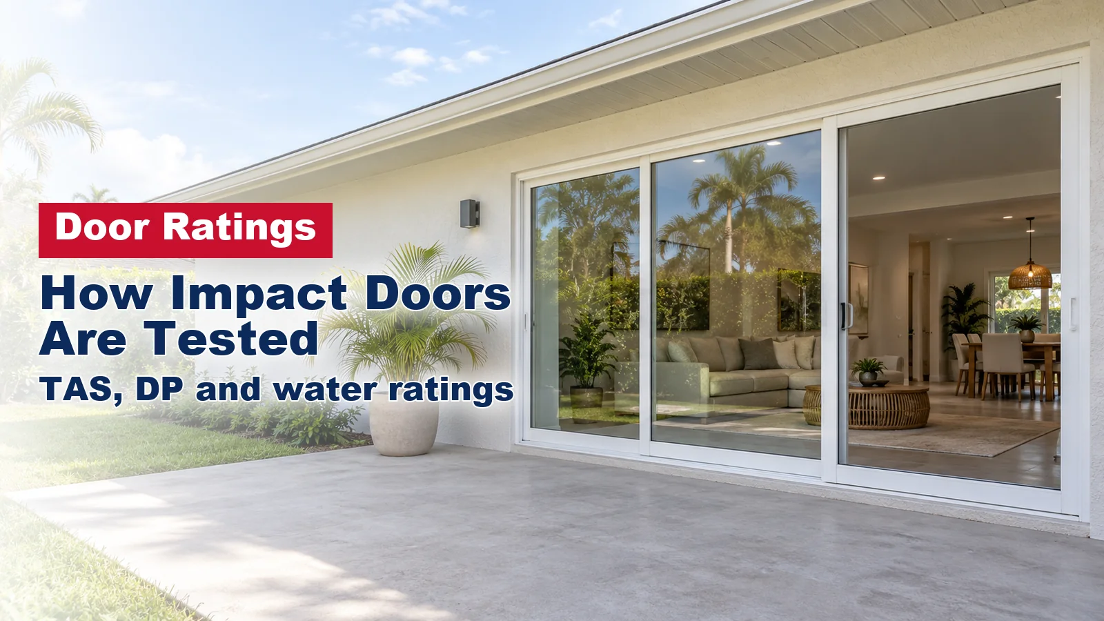 Wide impact sliding glass door on the back patio of a South Florida stucco home