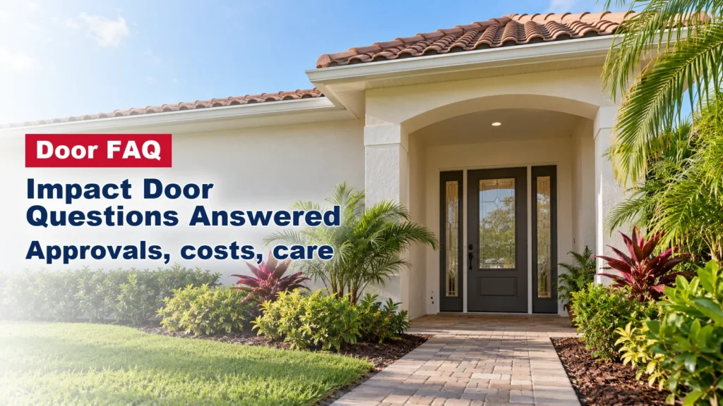 South Florida stucco home with a front entry door and glass sidelites under a small porch