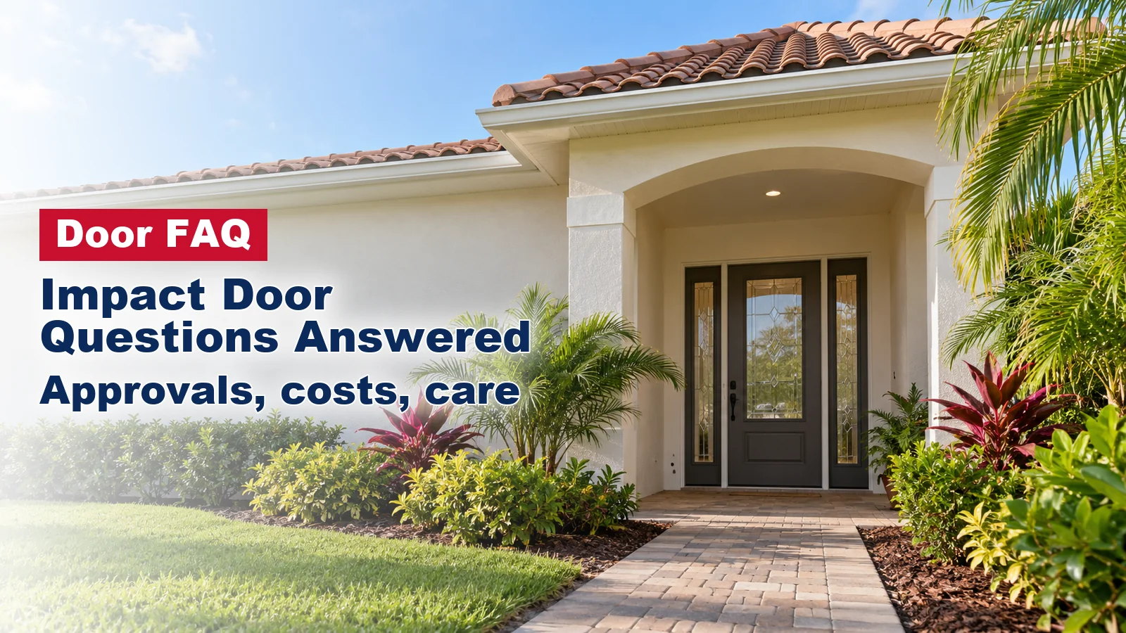 South Florida stucco home with a front entry door and glass sidelites under a small porch