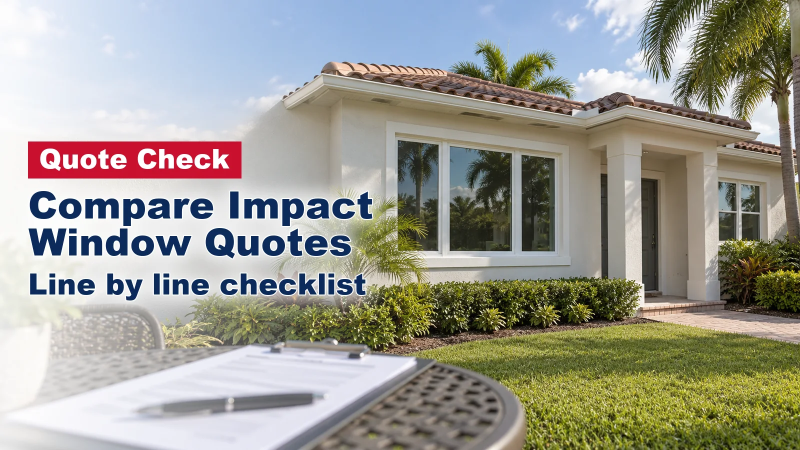 South Florida stucco home with new impact windows and a clipboard with a quote on a patio table