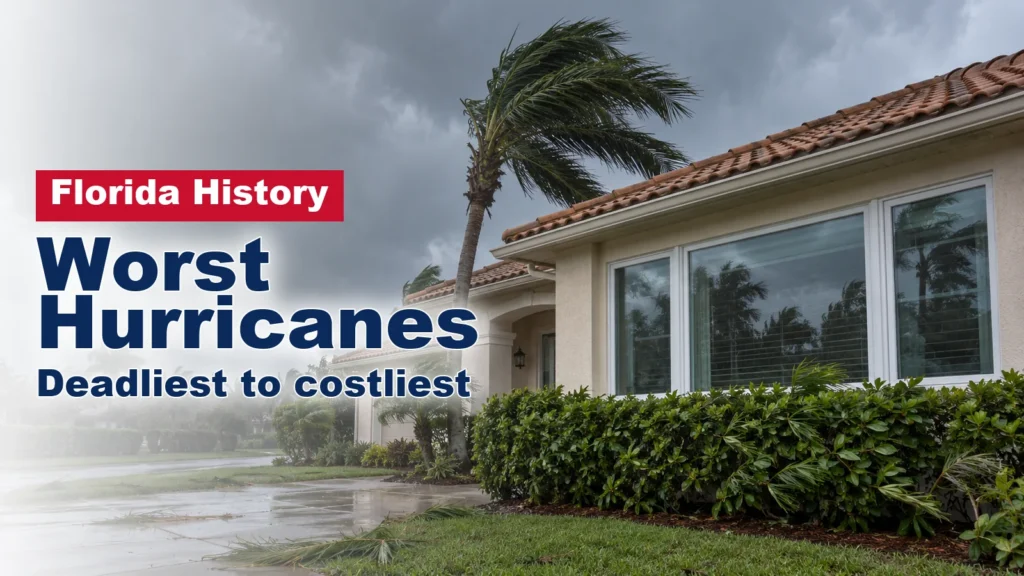 Palm tree bending in hurricane wind beside a South Florida stucco house with large white-framed windows under dark storm clouds