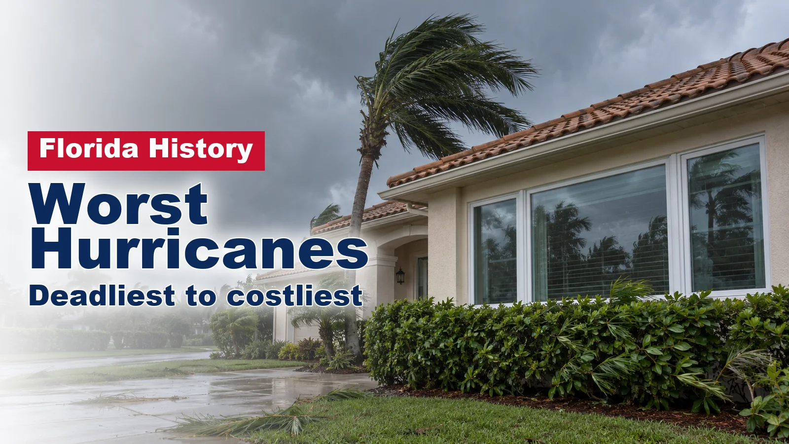 Palm tree bending in hurricane wind beside a South Florida stucco house with large white-framed windows under dark storm clouds