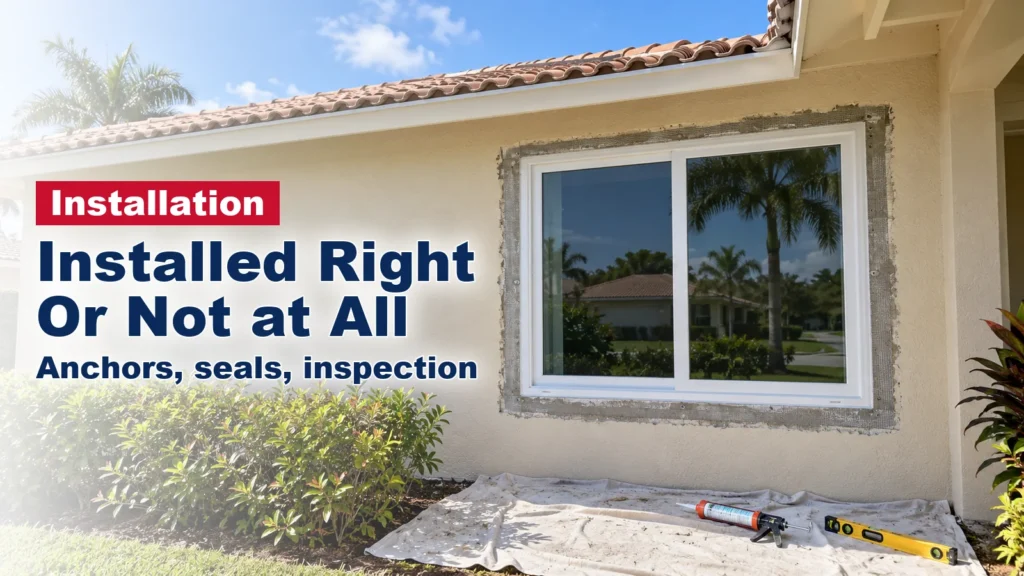 New impact window set in a South Florida stucco wall with the stucco cut back and tools on a drop cloth