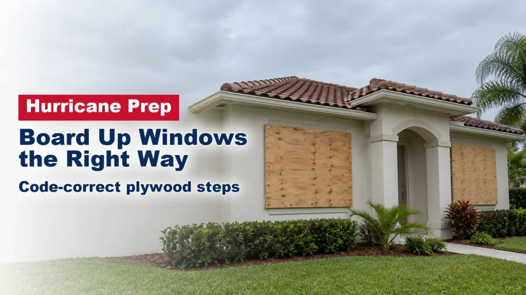 South Florida stucco home with plywood panels bolted over two front windows