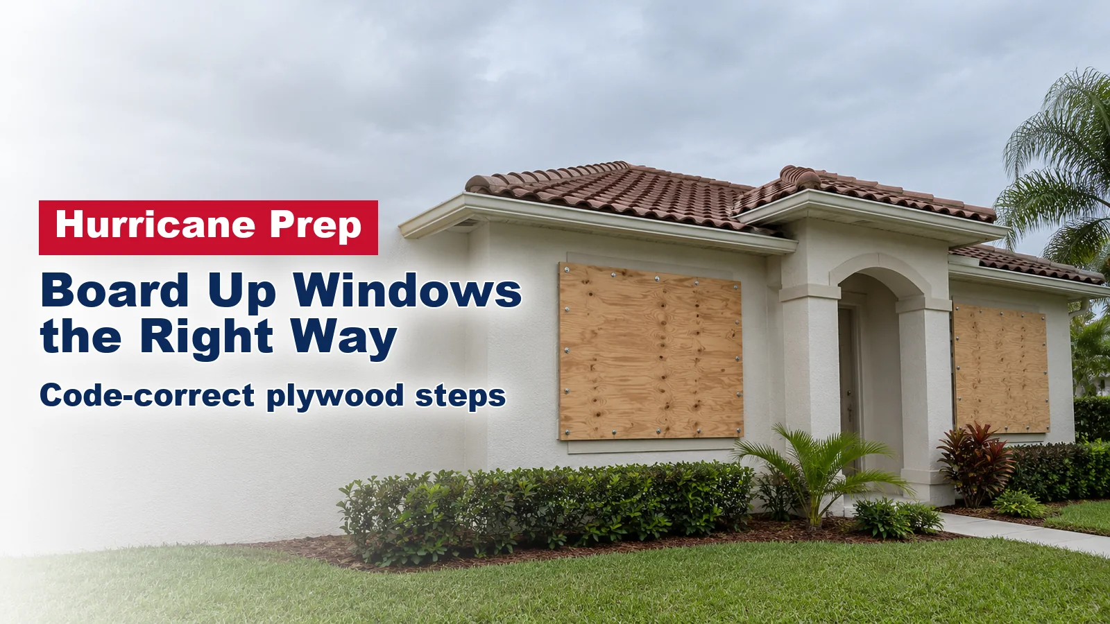 South Florida stucco home with plywood panels bolted over two front windows