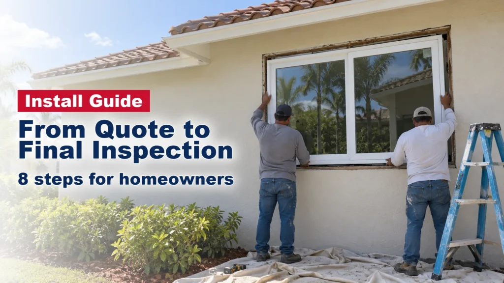 Two installers setting a new impact window into a South Florida stucco wall