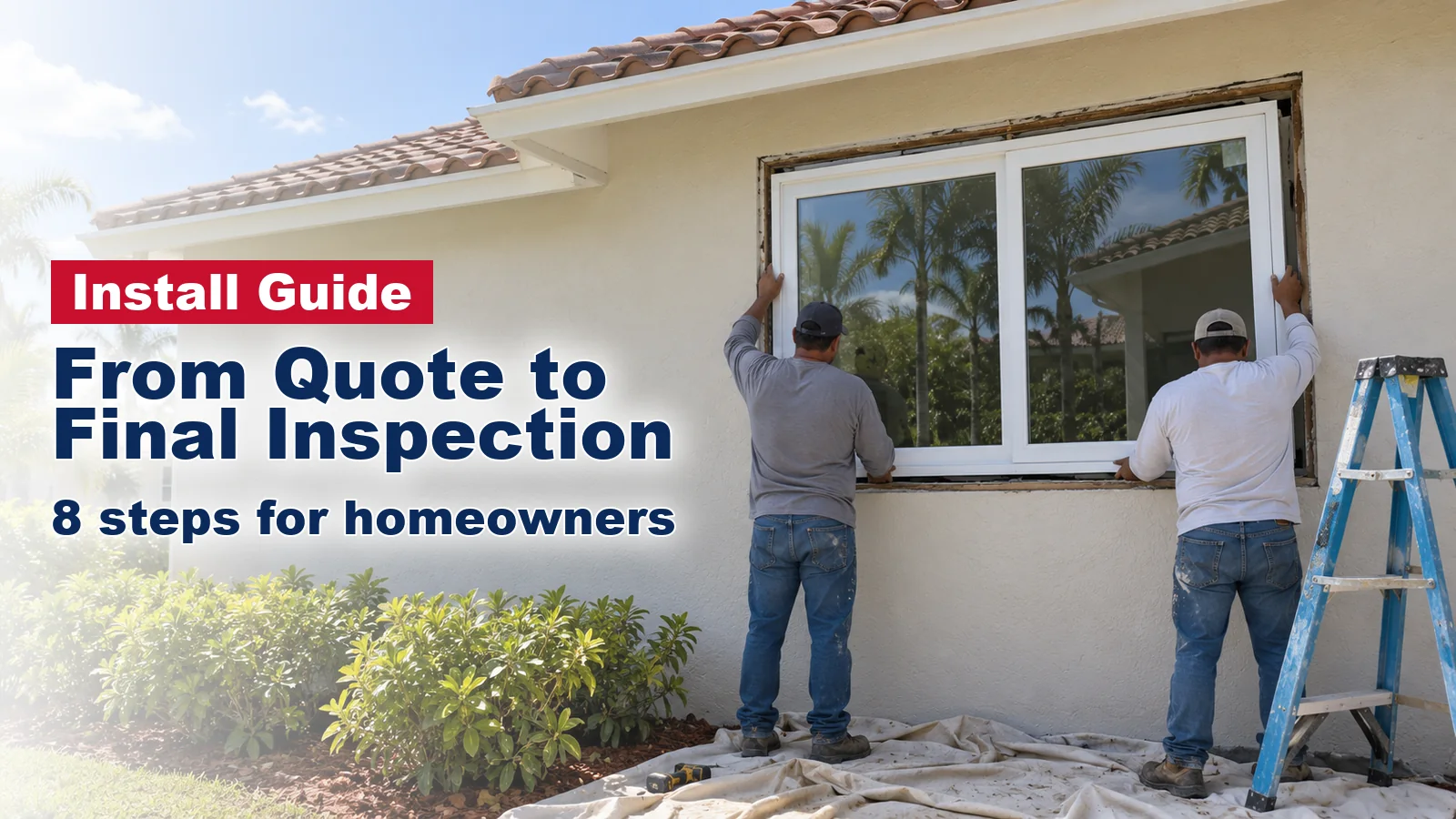 Two installers setting a new impact window into a South Florida stucco wall