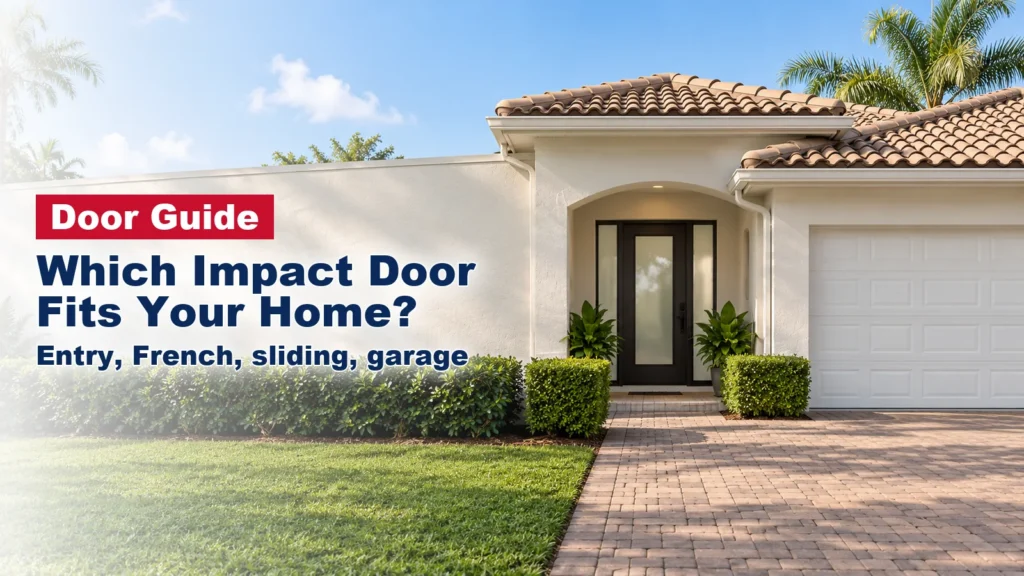 South Florida stucco home with an entry door with frosted sidelites and a white garage door