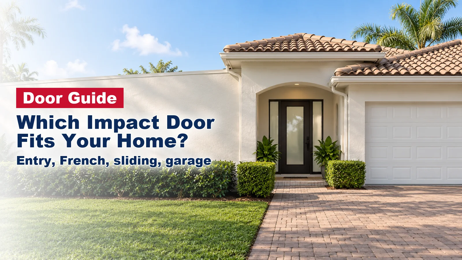 South Florida stucco home with an entry door with frosted sidelites and a white garage door