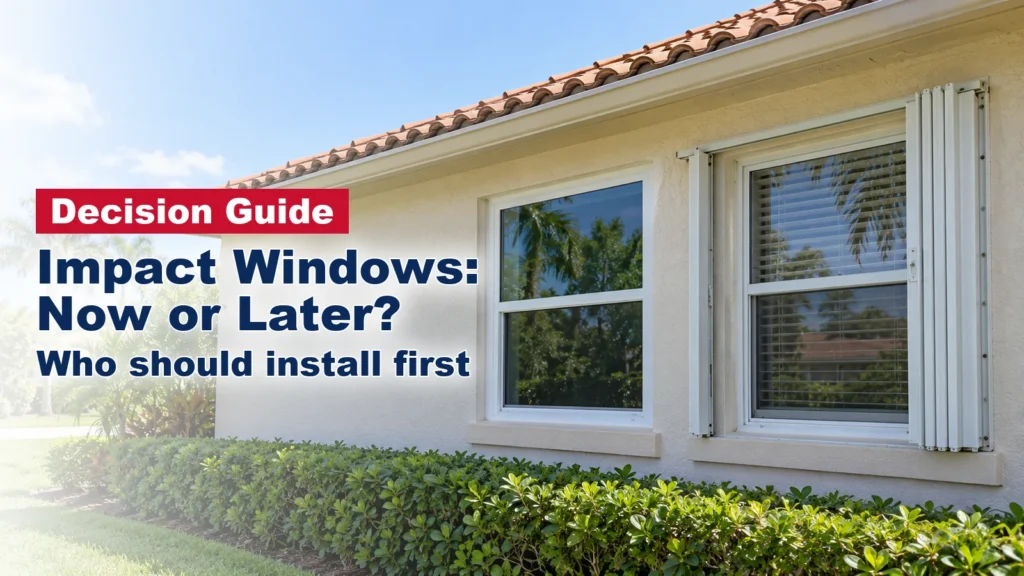 South Florida stucco home with a new impact window beside an older window with a folded accordion shutter
