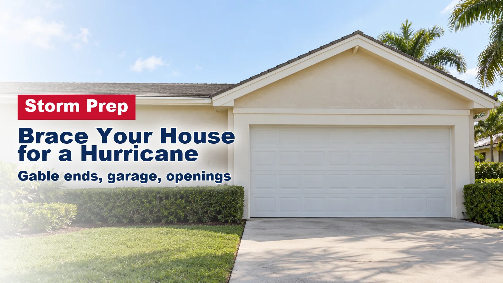South Florida stucco house with a gable end wall above a white two-car garage door
