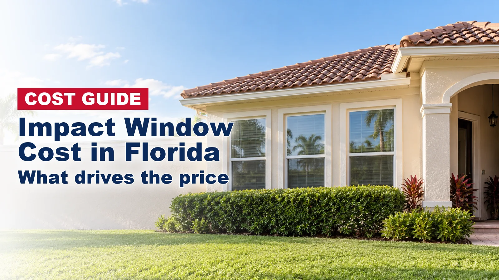 A single-story South Florida stucco home with large white-framed front windows.