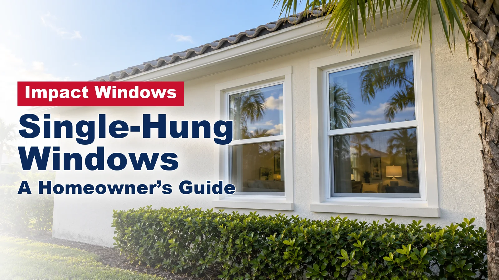South Florida stucco home with two new white single-hung impact windows