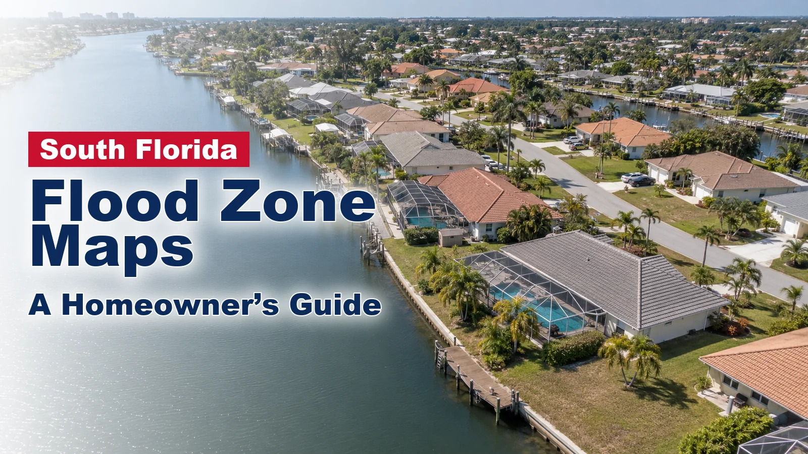 Aerial view of a South Florida canal neighborhood with waterfront homes