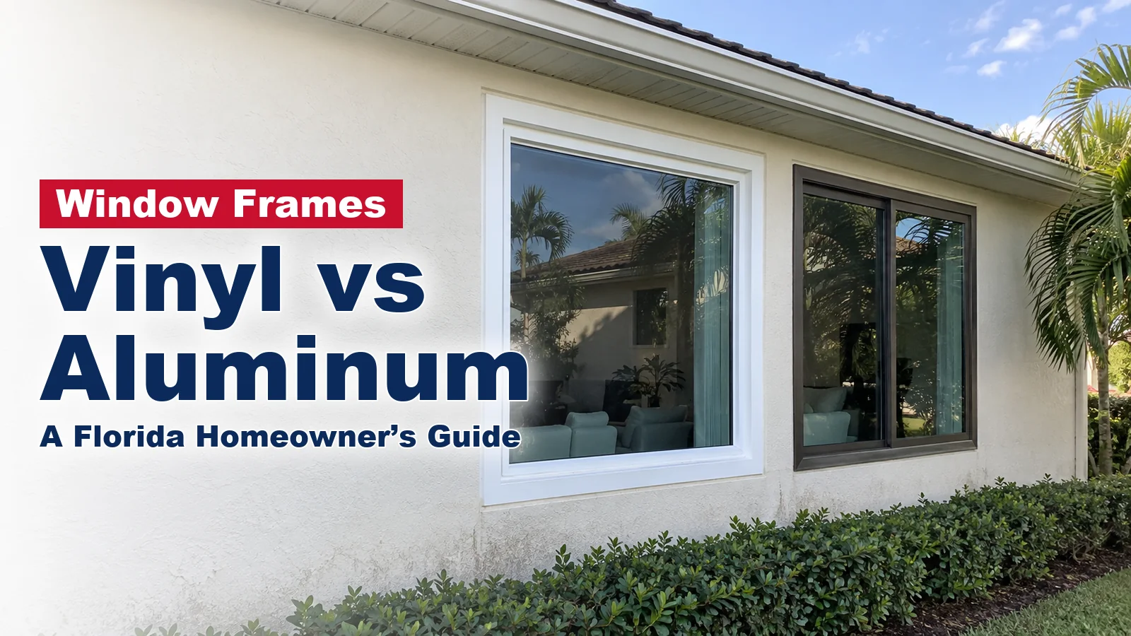 White vinyl impact window next to a bronze aluminum impact window on a South Florida home