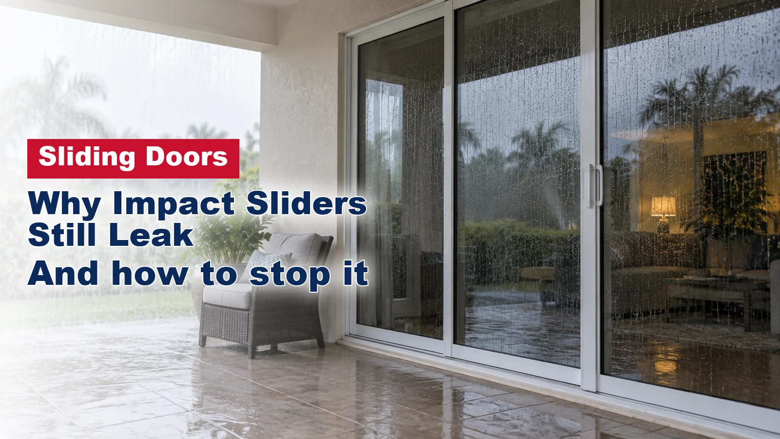 Closed impact sliding glass door seen from a covered tile patio during rain