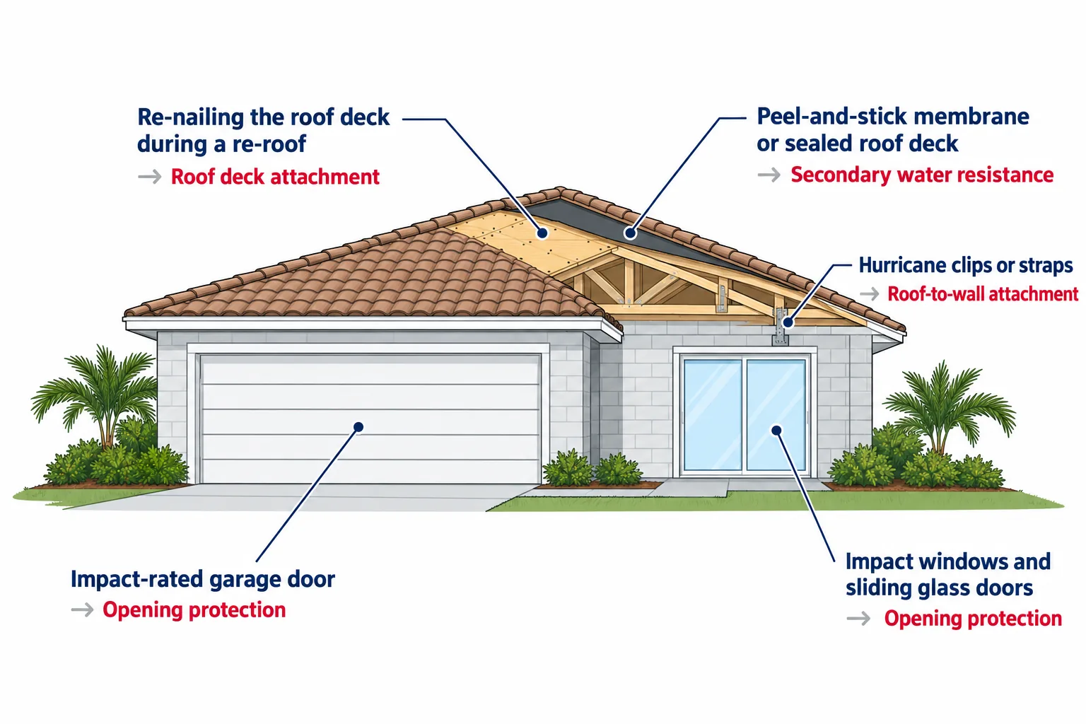 Diagram of a South Florida house linking impact windows, an impact-rated garage door, hurricane straps, roof deck nailing and a peel-and-stick membrane to the wind mitigation form items they change.