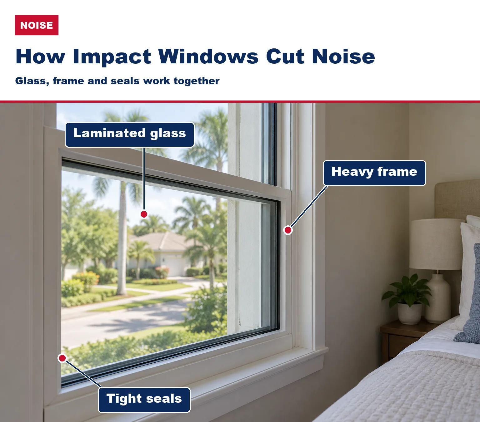 Window in a South Florida bedroom with labels for the laminated glass, the heavy frame and the seals