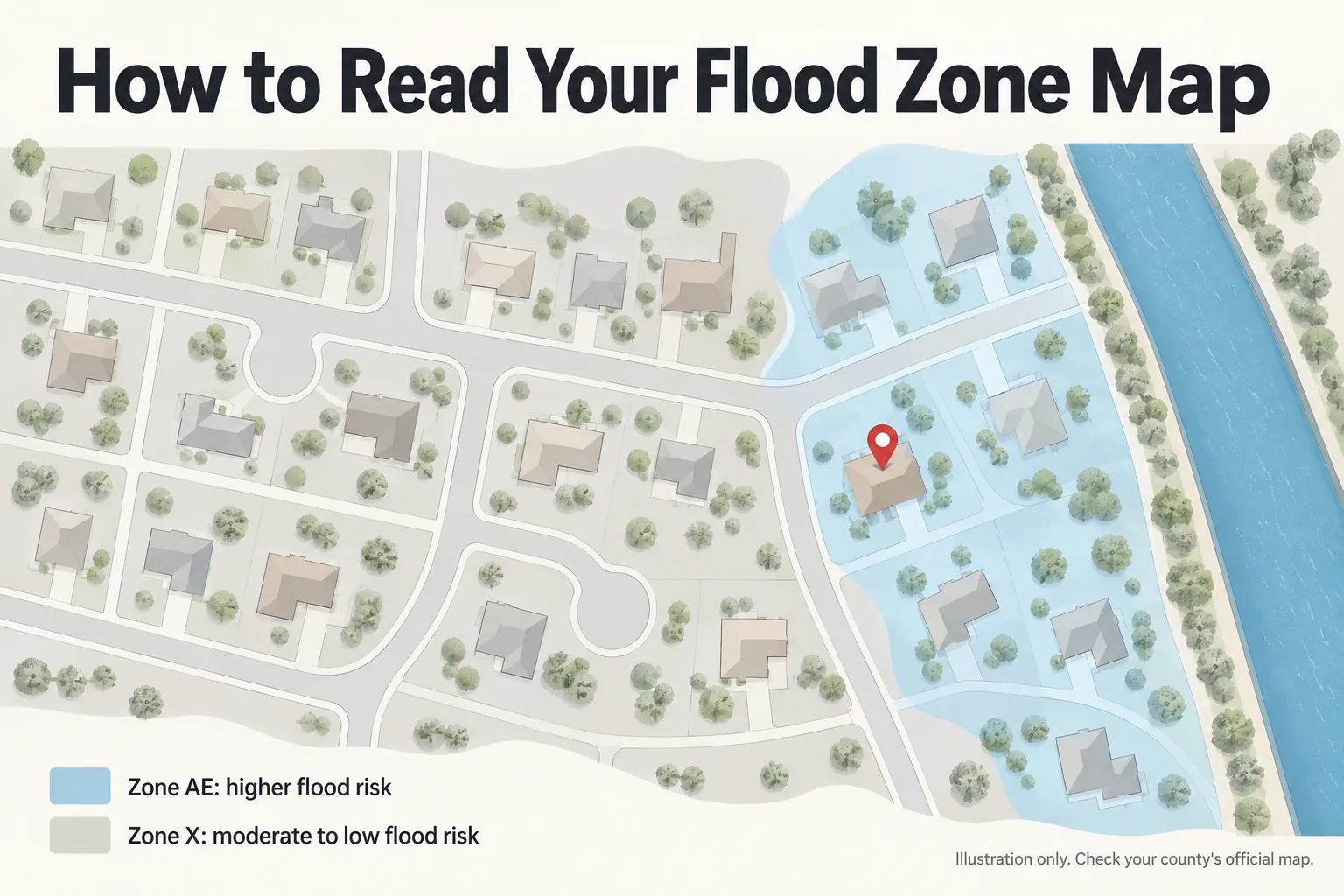 Illustrated flood zone map showing a home in Zone AE near a canal and Zone X further inland