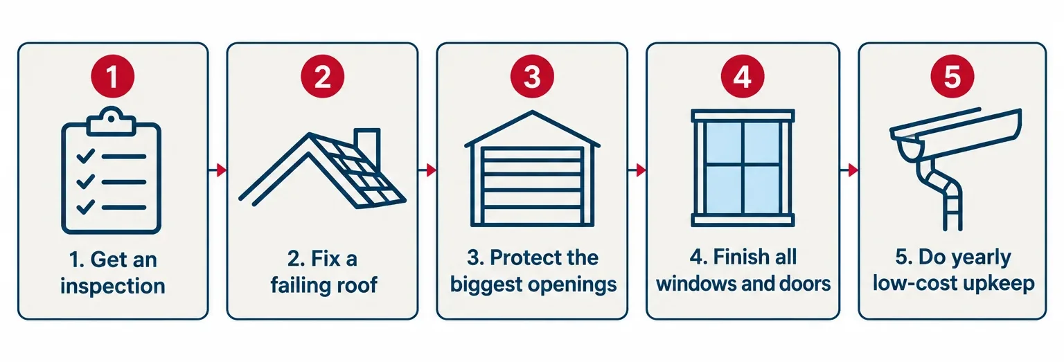Five-step order for hurricane upgrades on a budget: get an inspection, fix a failing roof, protect the biggest openings, finish all windows and doors, do yearly low-cost upkeep.