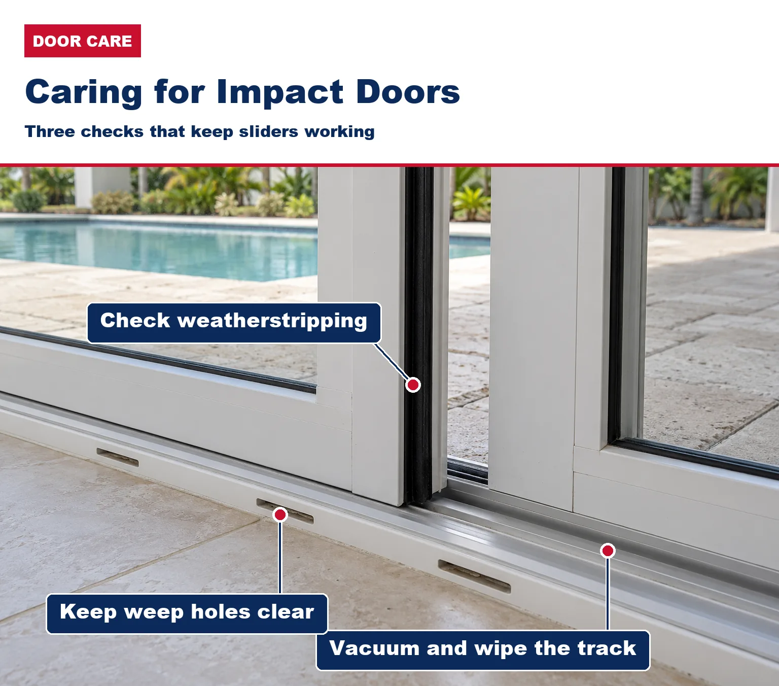 Lower frame of an impact sliding glass door with labels for the track, the weep holes and the weatherstripping to keep clean and checked