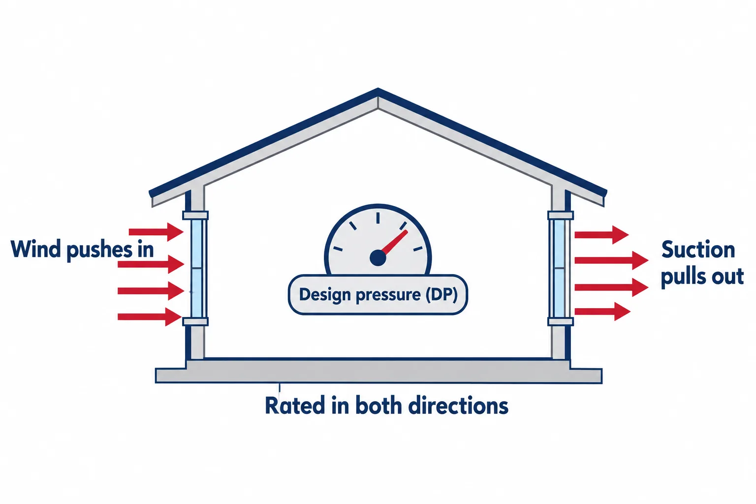 Diagram of wind pushing in on one window and suction pulling out on another, showing that a design pressure rating covers both directions