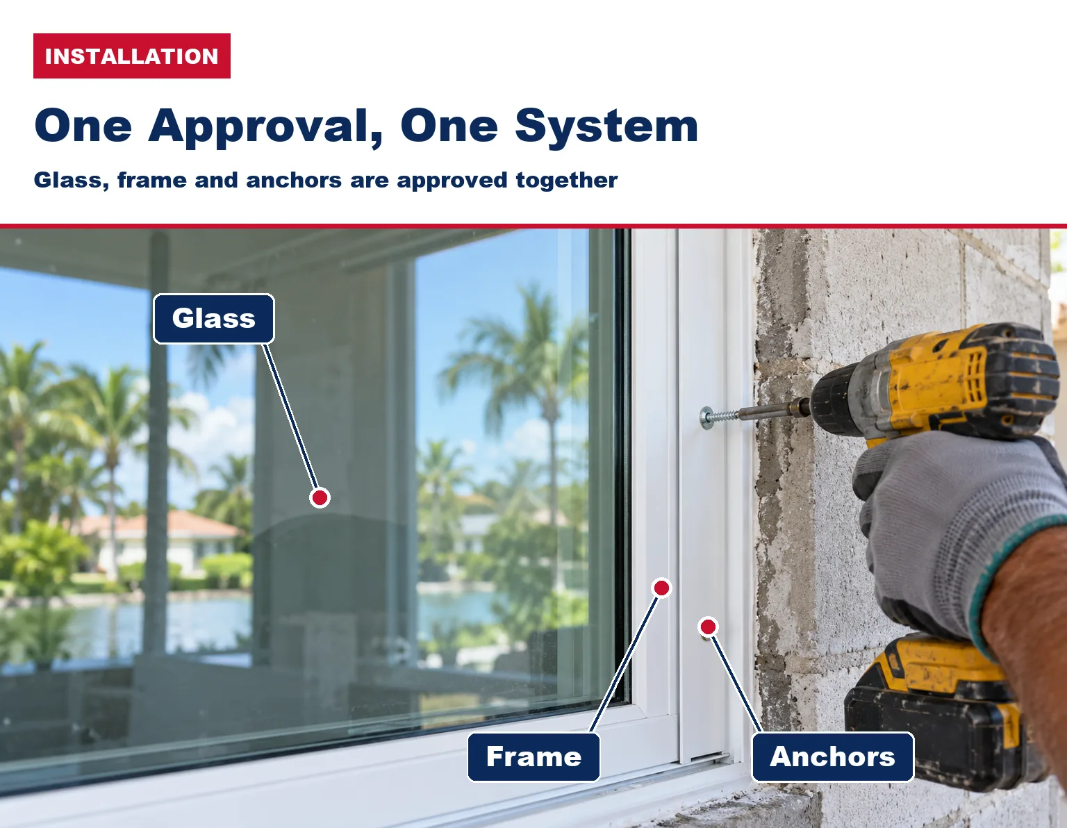 Installer fastening a new aluminum window frame into a concrete opening, with the glass, frame and anchor screws visible.