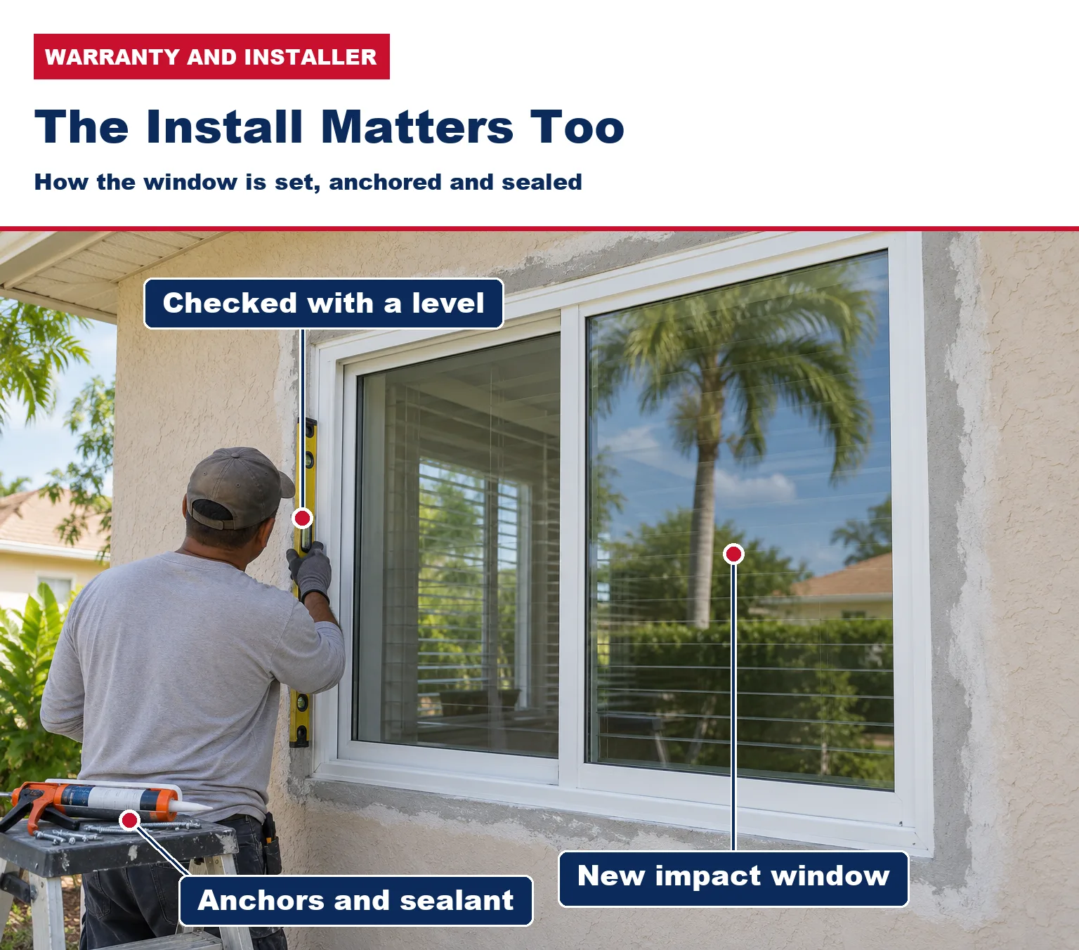 Labelled photo of an installer checking a new window with a level, with the anchors and sealant on a step ladder beside him.