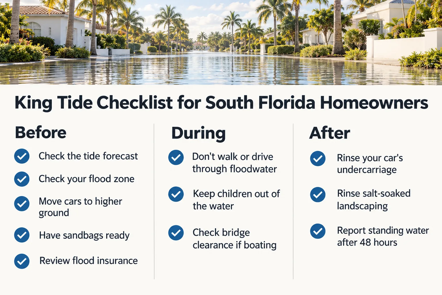 Checklist infographic showing steps South Florida homeowners should take before, during and after a King Tide
