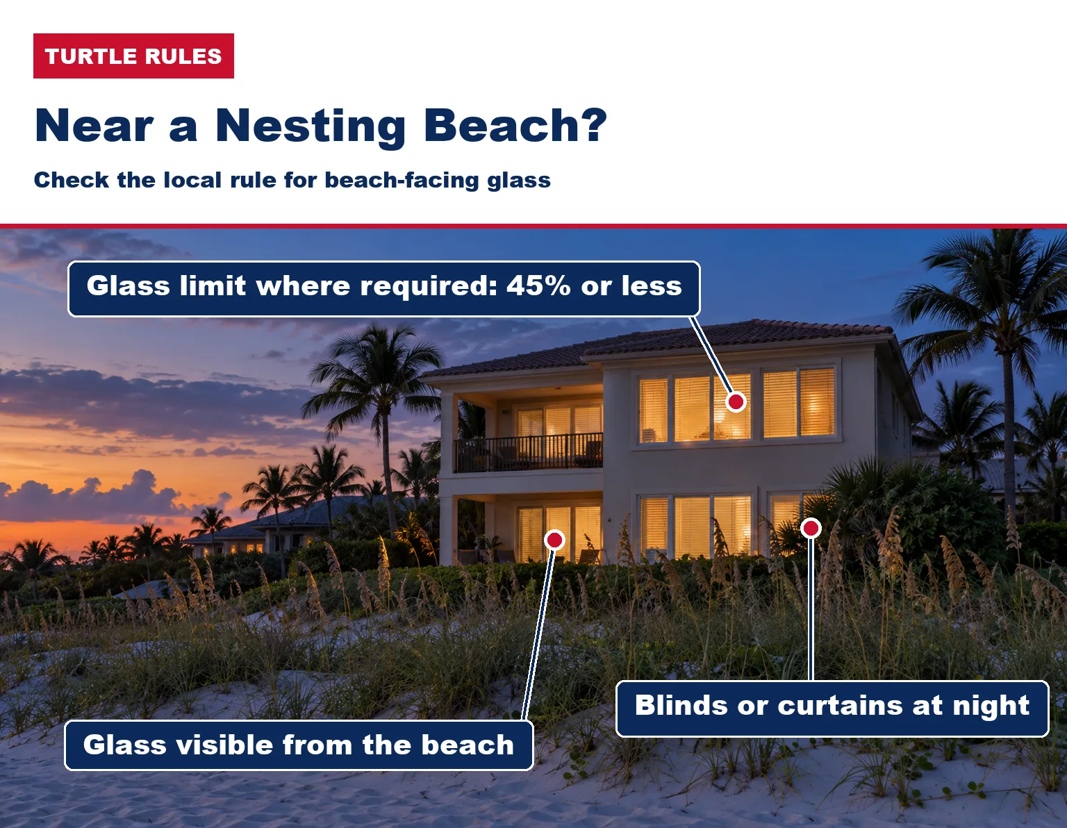Beachfront South Florida home at dusk with ocean-facing windows and closed blinds behind a dune