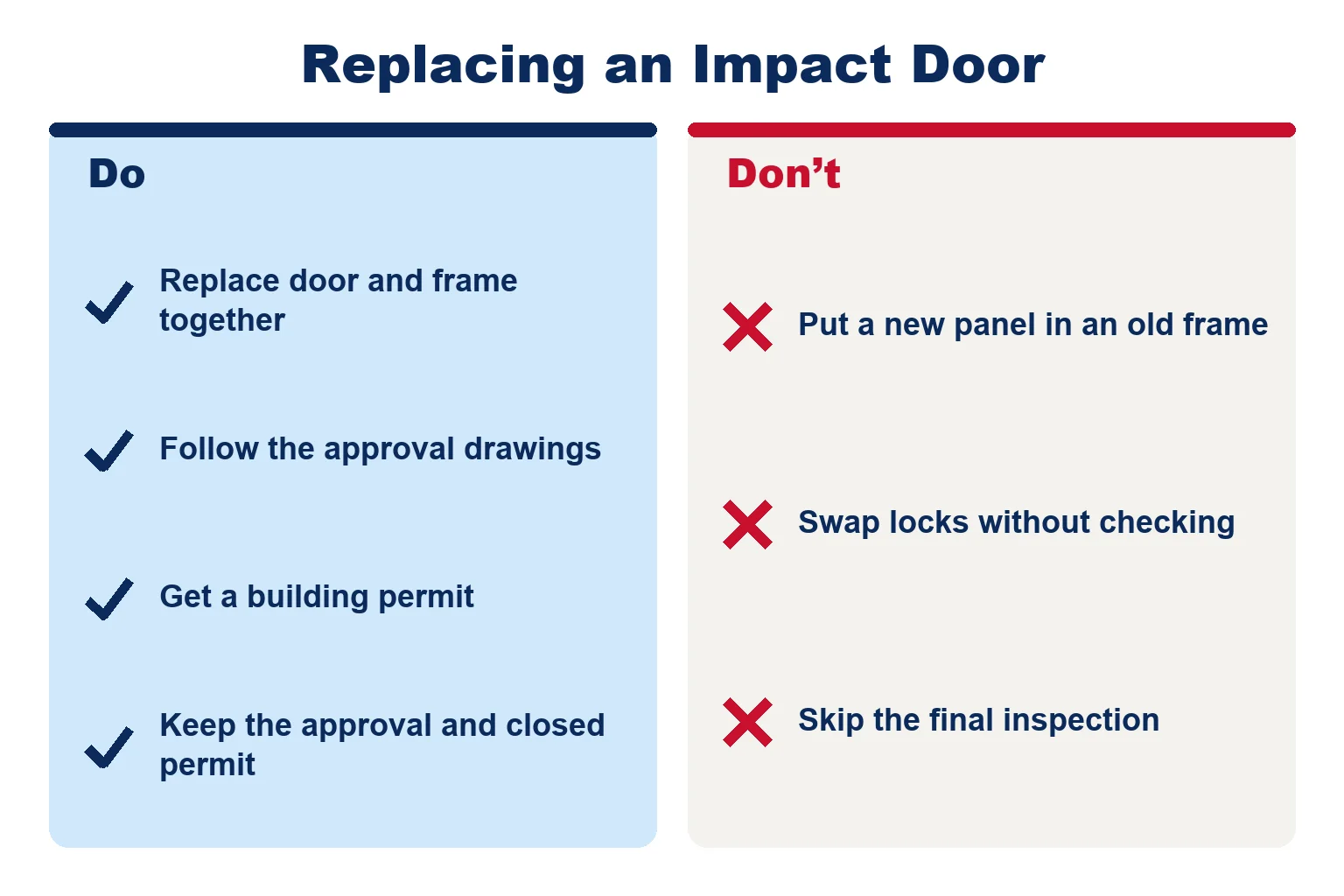 Do and don't list for replacing an impact door