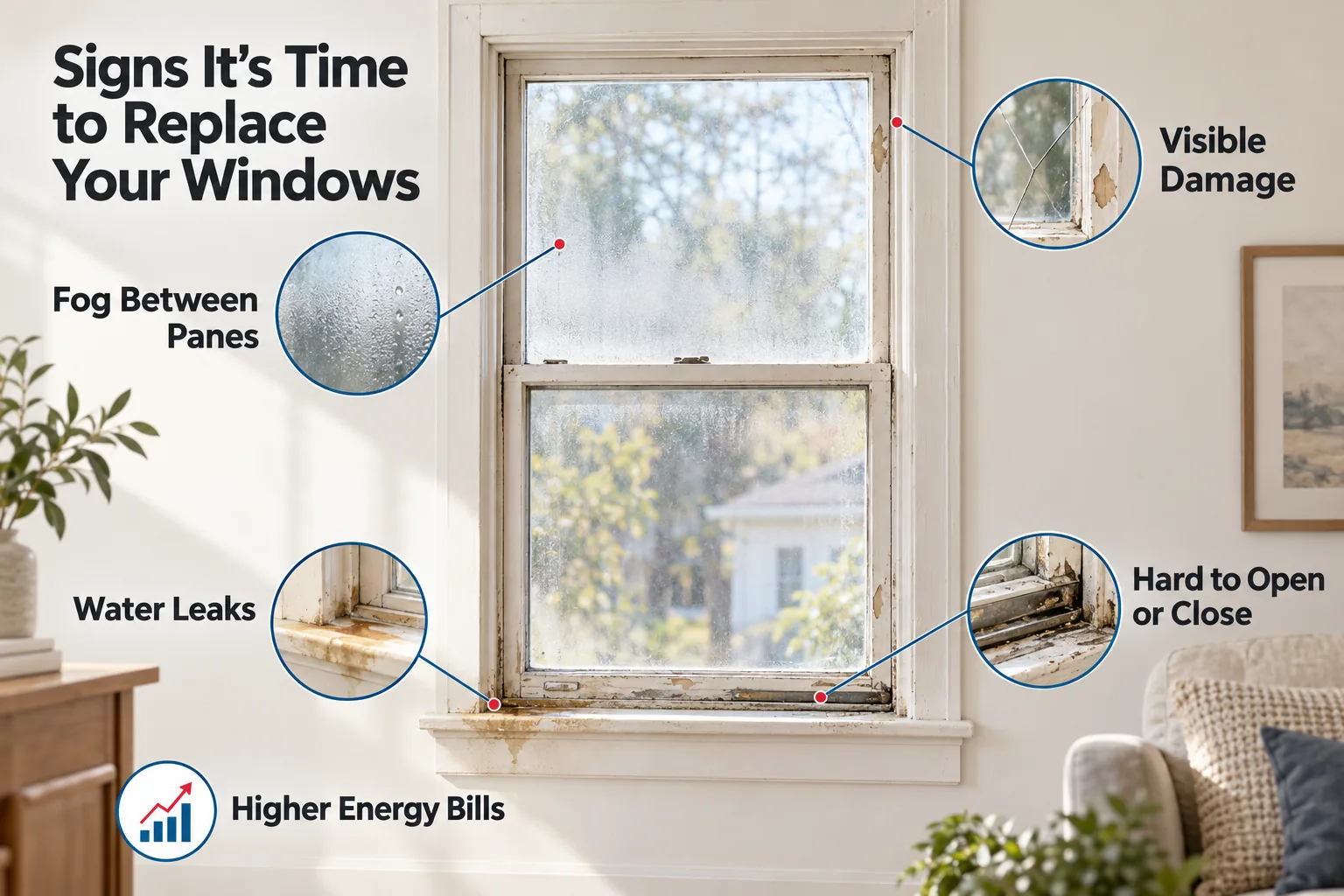 Old window showing signs it needs replacement: fogged glass, water leaks, visible damage and a sash that is hard to open