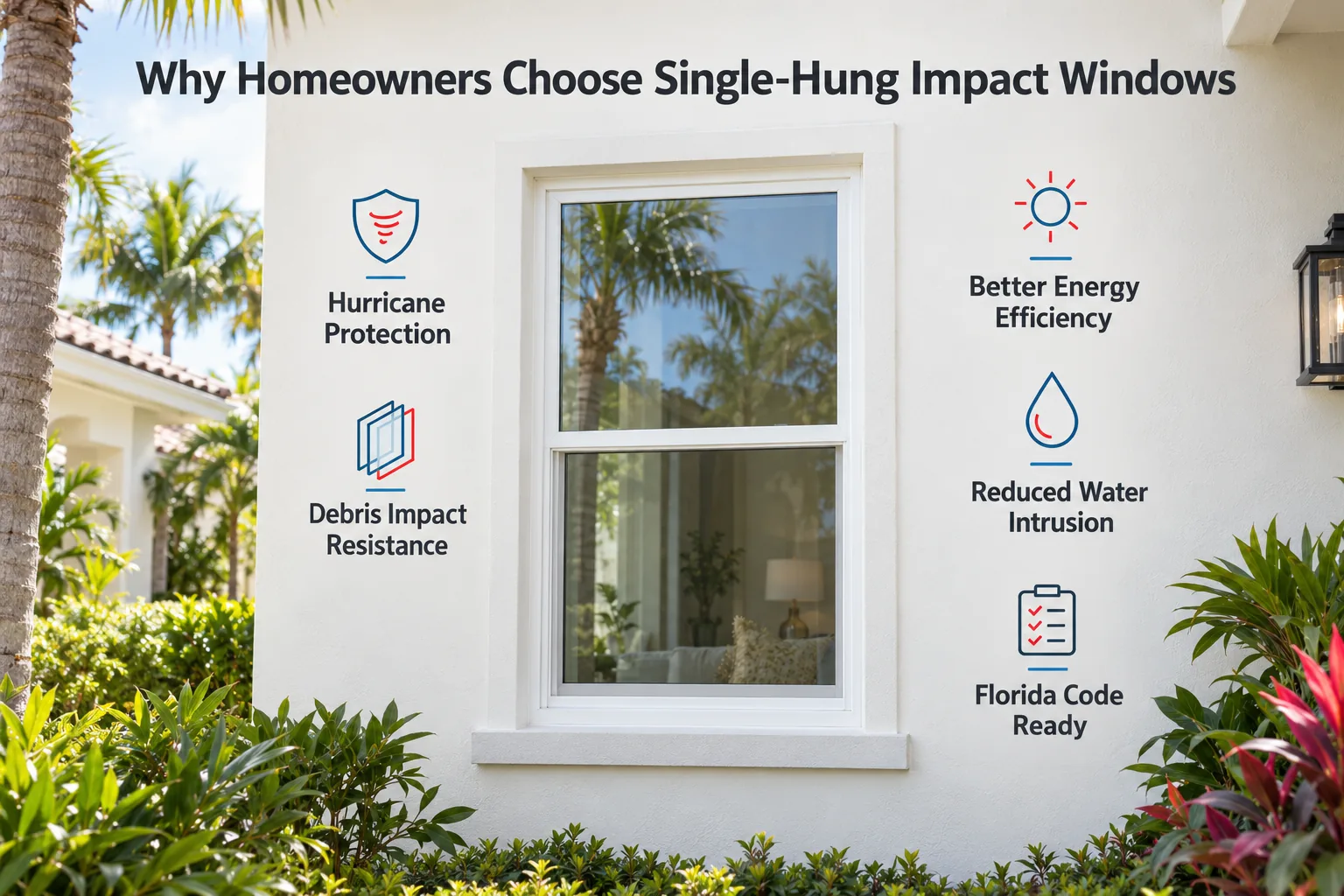 South Florida home with a single-hung impact window and its benefits: hurricane protection, impact resistance, energy efficiency