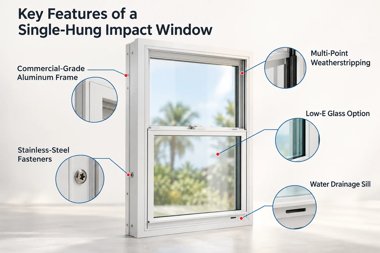 Single-hung impact window features: aluminum frame, stainless-steel fasteners, weatherstripping, Low-E glass and drainage sill