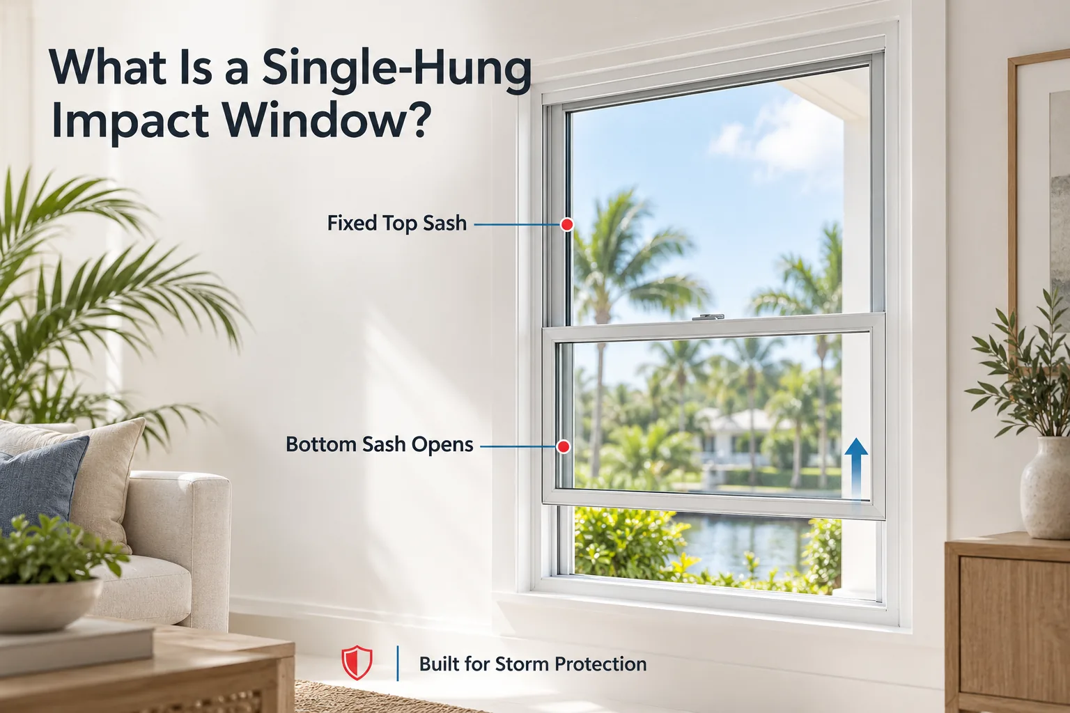 Single-hung impact window with a fixed top sash and a bottom sash that opens